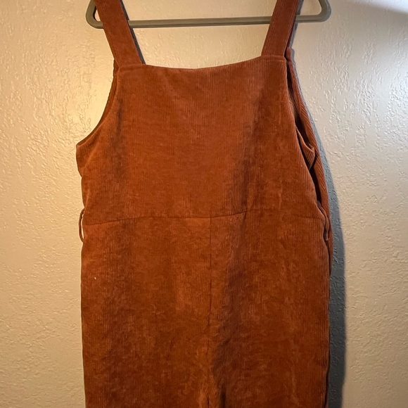 Shien Rust Brown Corduroy Overalls SZ L V Neck One-Piece Long Dress - Picture 7 of 8